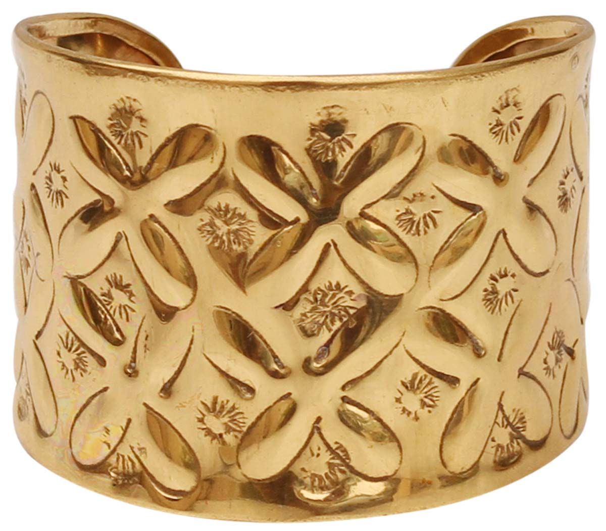 2.3” Golden Brass Cuff Bracelet with Floral Embossed Pattern - Formal Accessories / Jewelry / Gifts for Her - Buy in Bulk Wholesale
